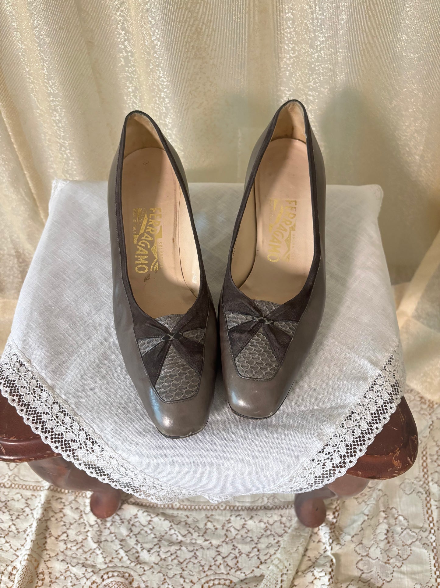 Vintage Ferragamo snakeskin suede heels