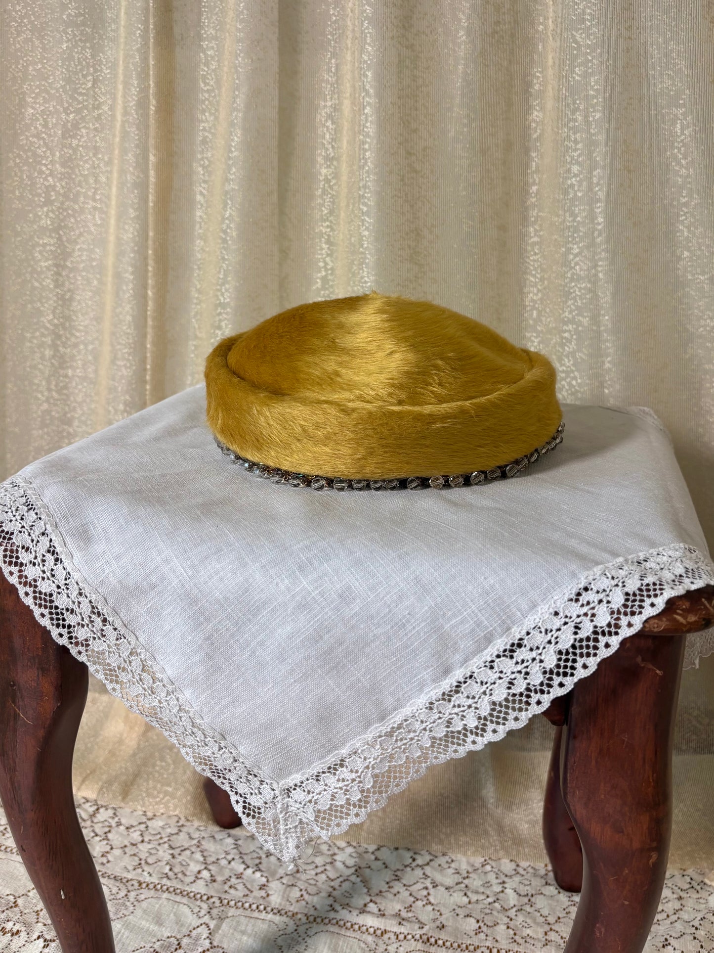 Yellow melusine beaded pillbox hat