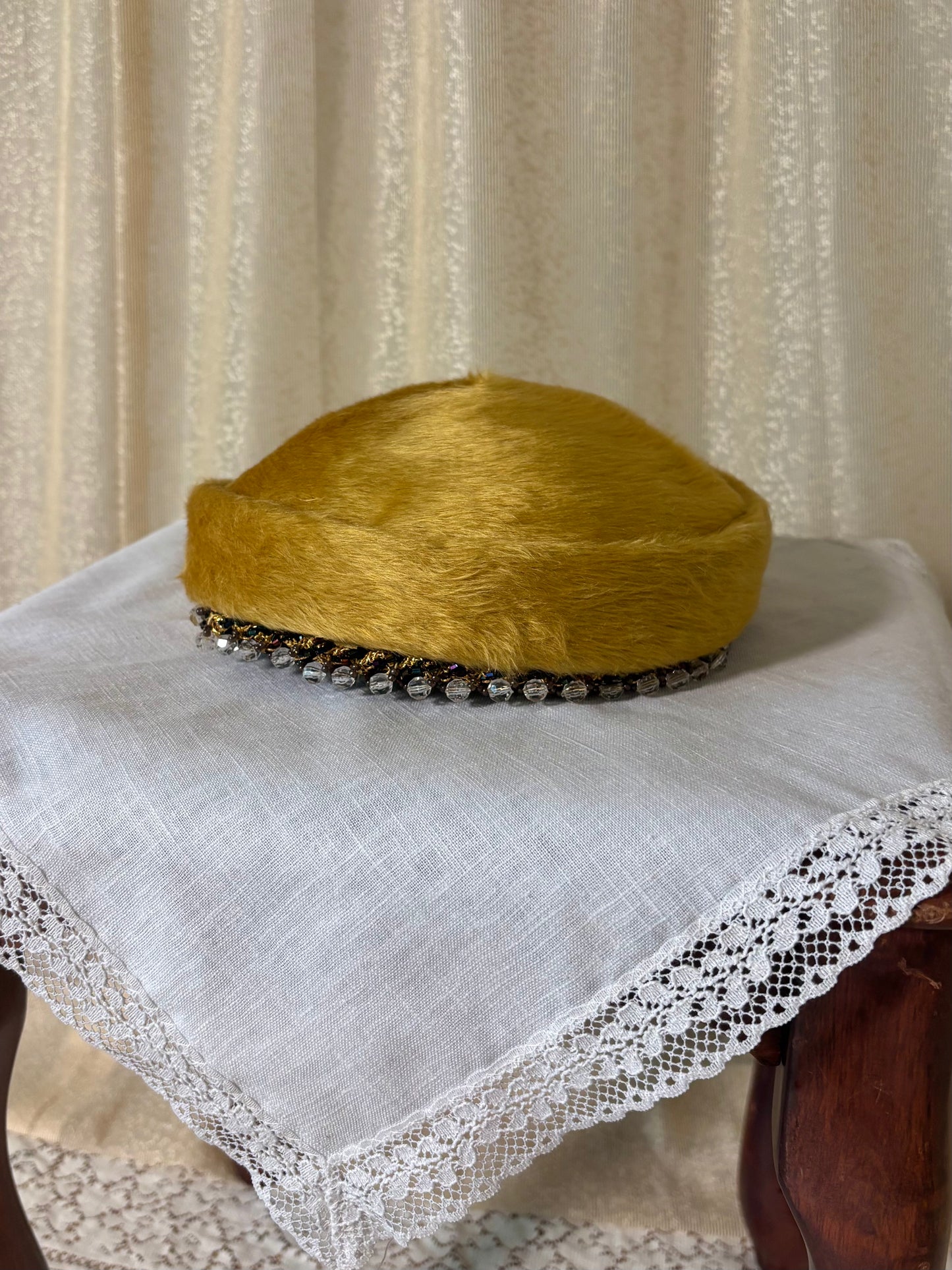 Yellow melusine beaded pillbox hat
