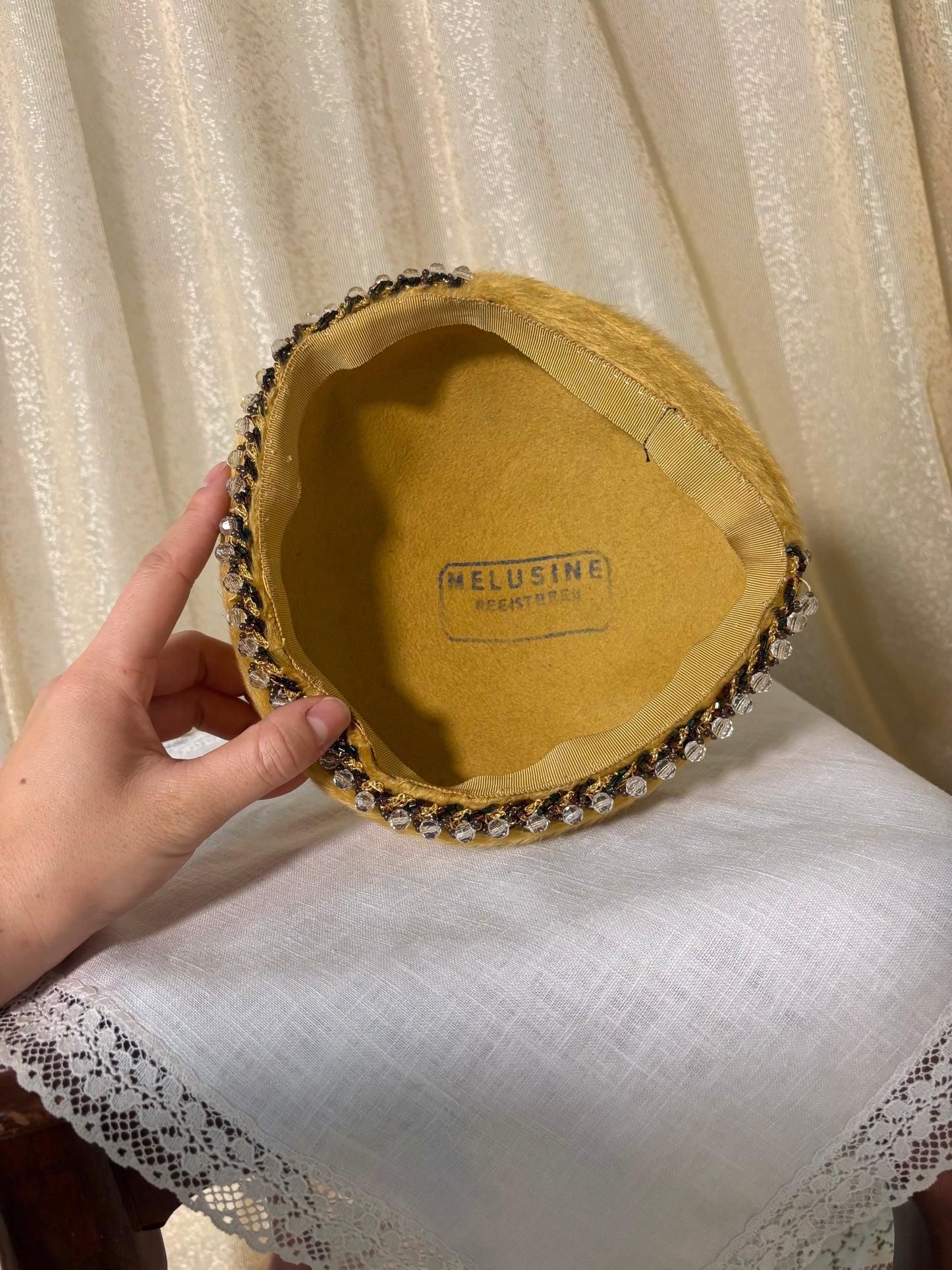 Yellow melusine beaded pillbox hat