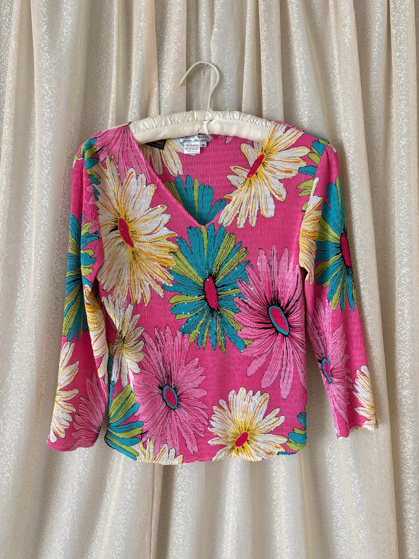 90s/00s Alberto Makali crinkle pleated sunflower top