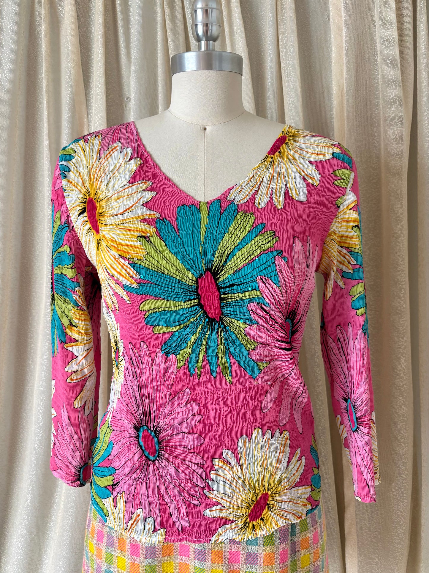 90s/00s Alberto Makali crinkle pleated sunflower top