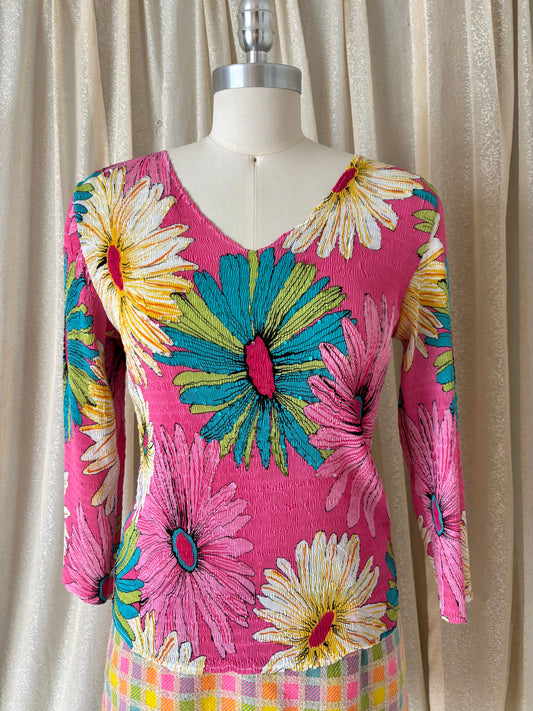 90s/00s Alberto Makali crinkle pleated sunflower top