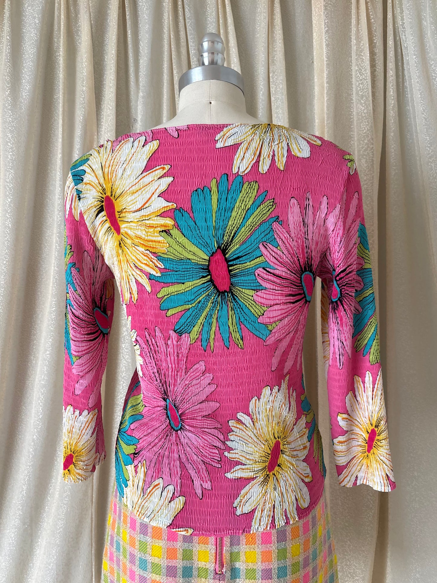 90s/00s Alberto Makali crinkle pleated sunflower top