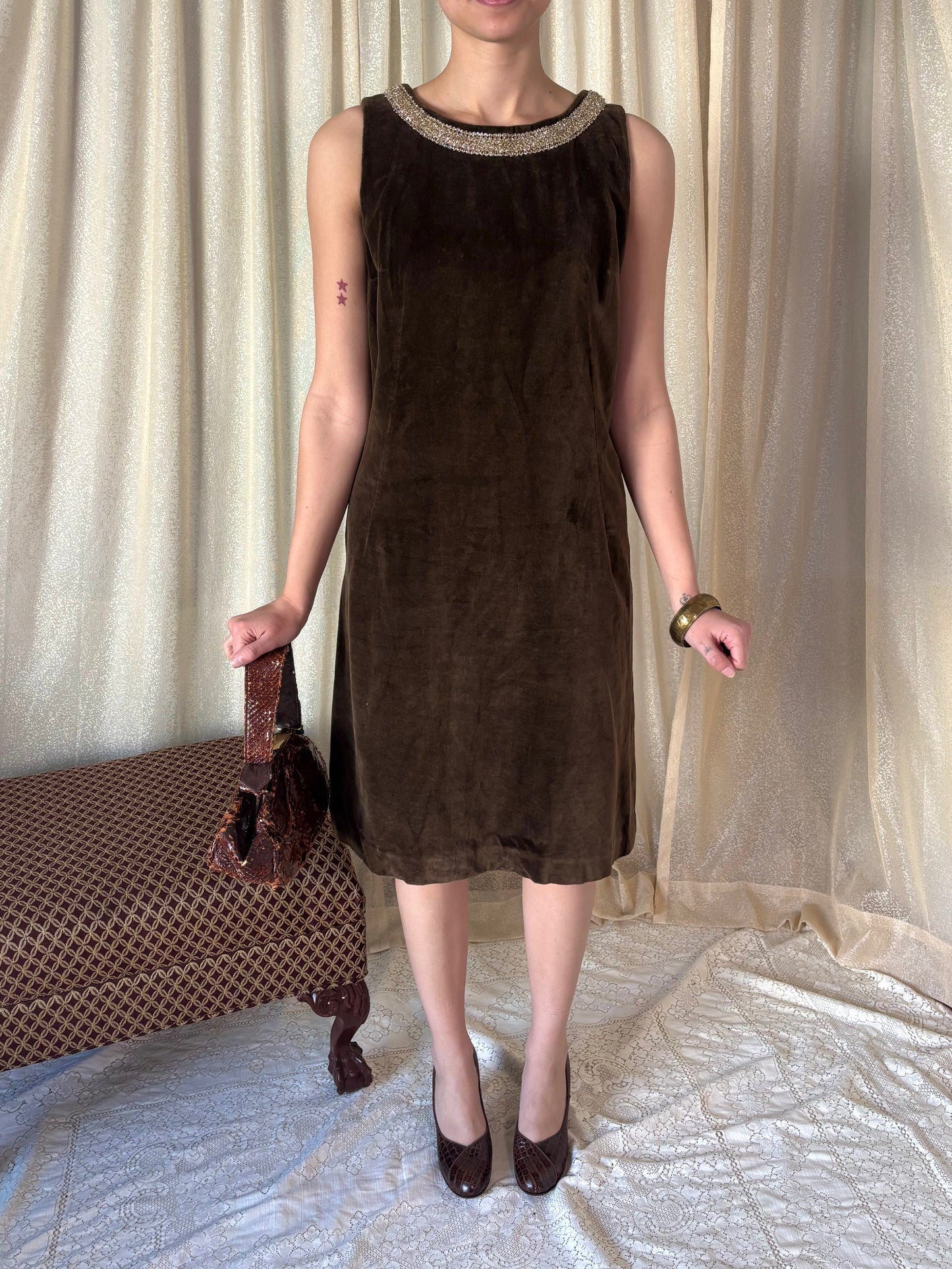 60s brown velvet shift dress