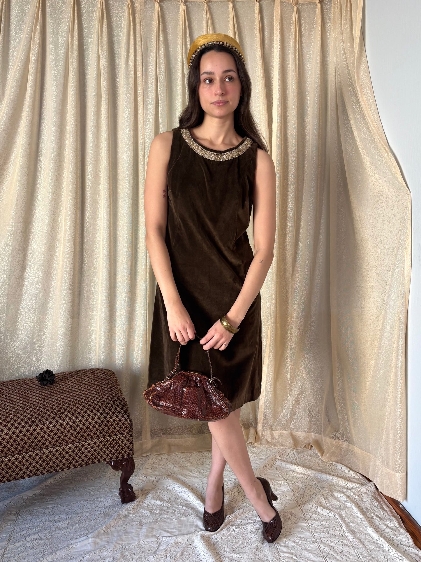 60s brown velvet shift dress