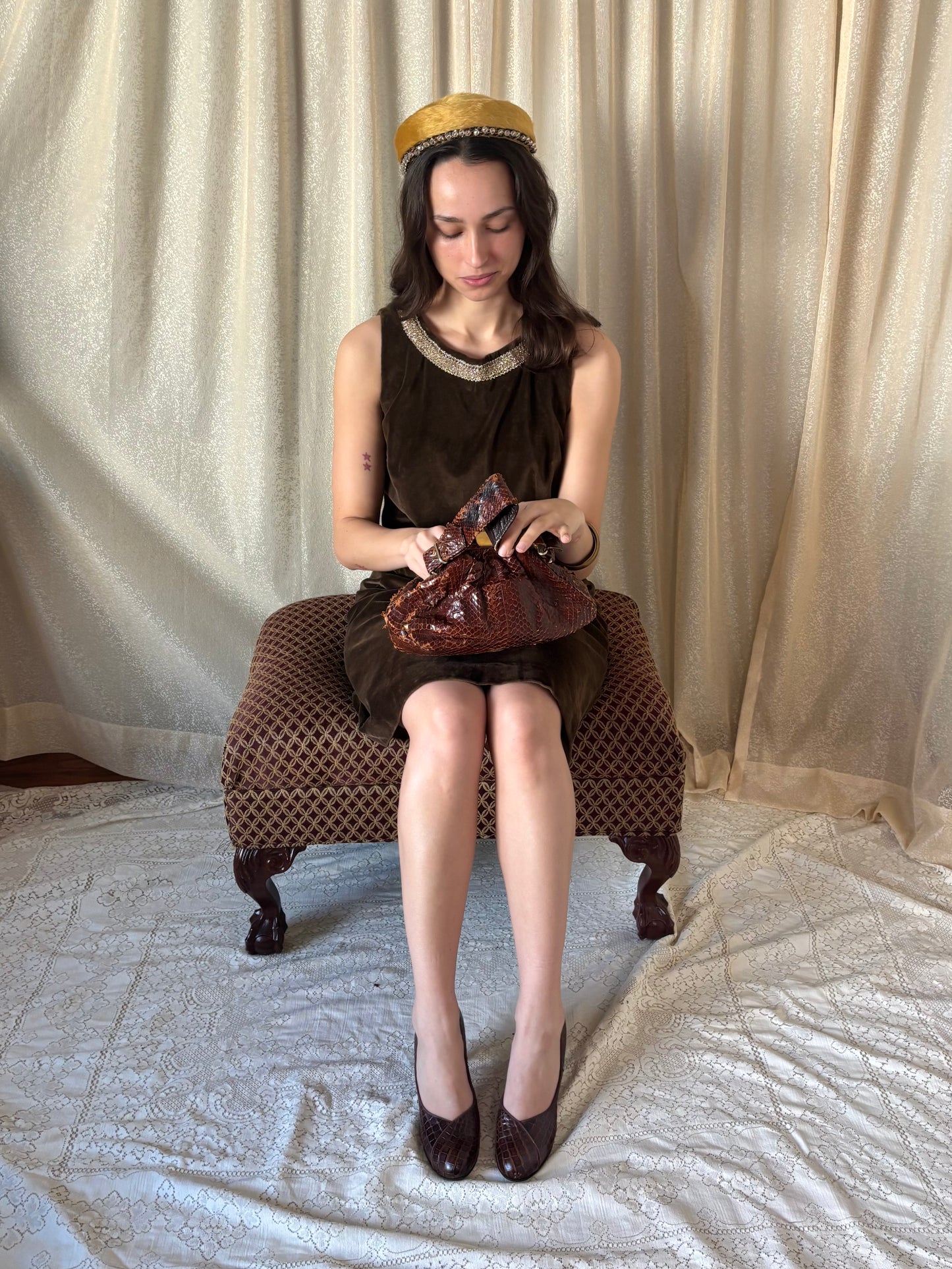 Yellow melusine beaded pillbox hat