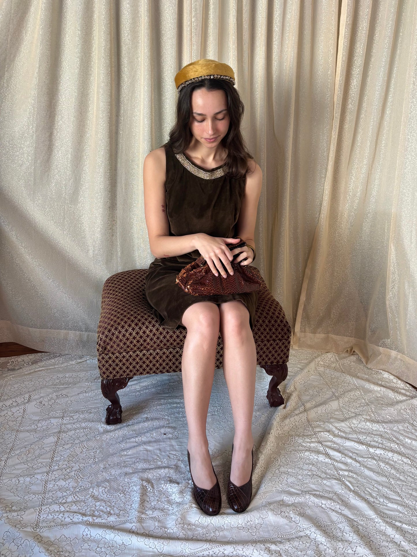 60s brown velvet shift dress