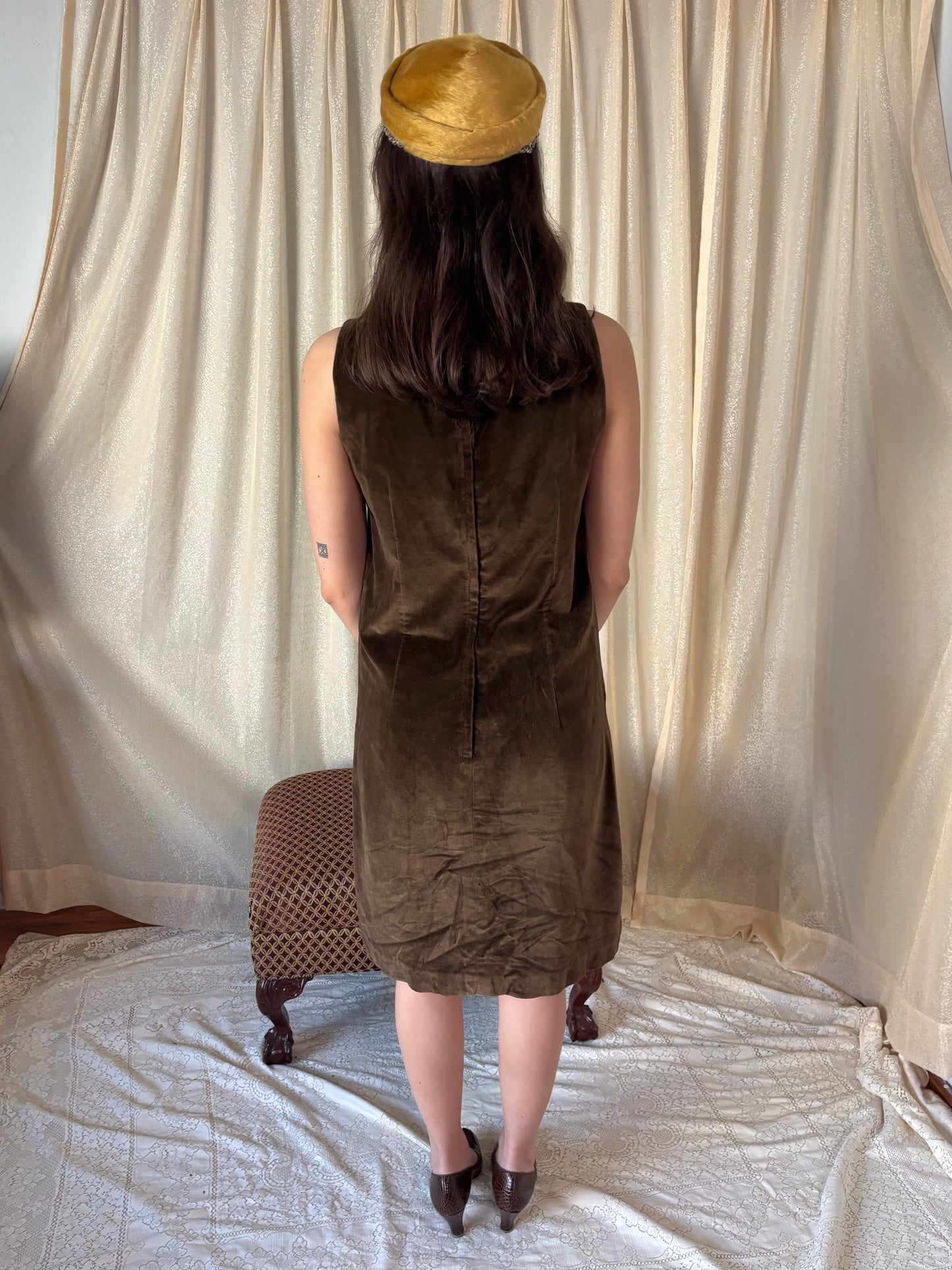 60s brown velvet shift dress
