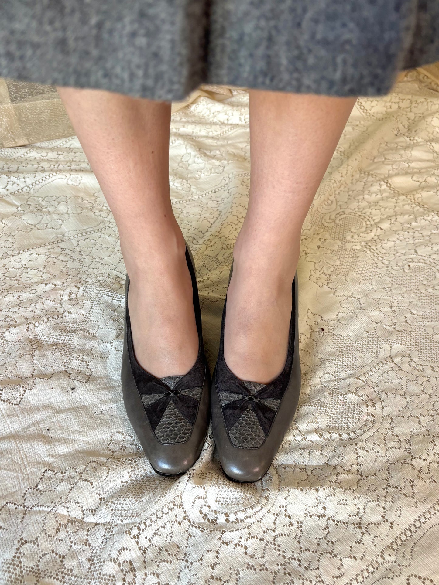 Vintage Ferragamo snakeskin suede heels