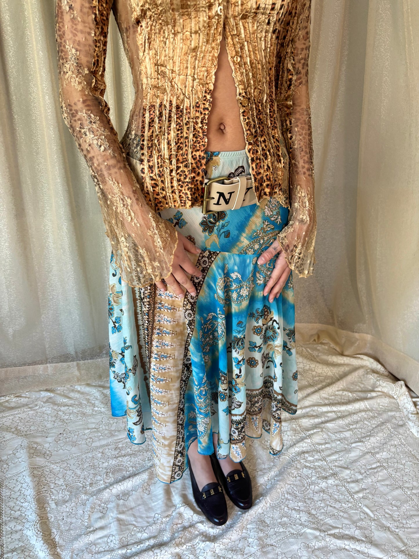 Flowy blue & brown midi skirt