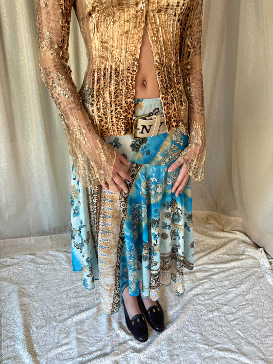 Flowy blue & brown midi skirt