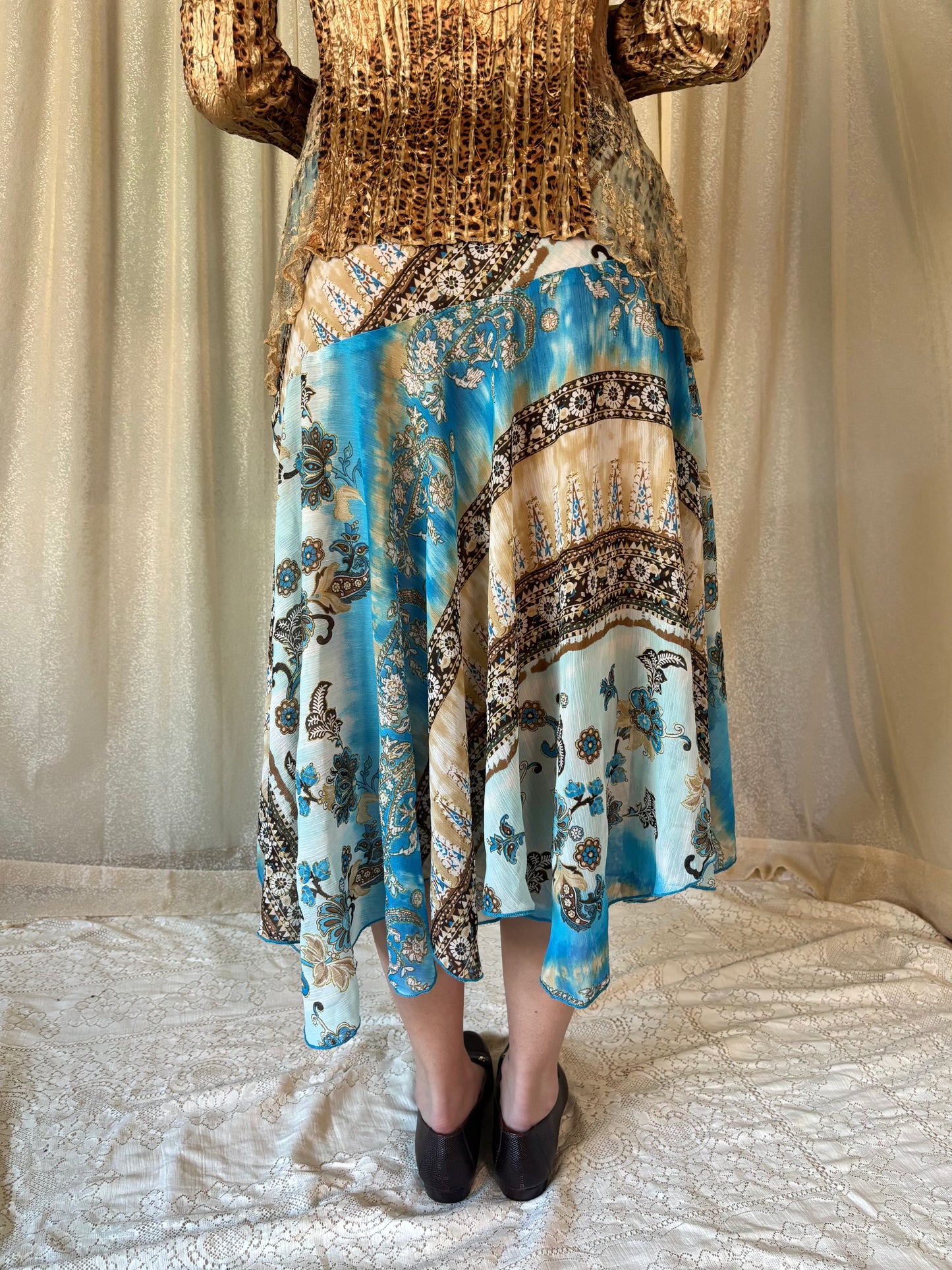 Flowy blue & brown midi skirt