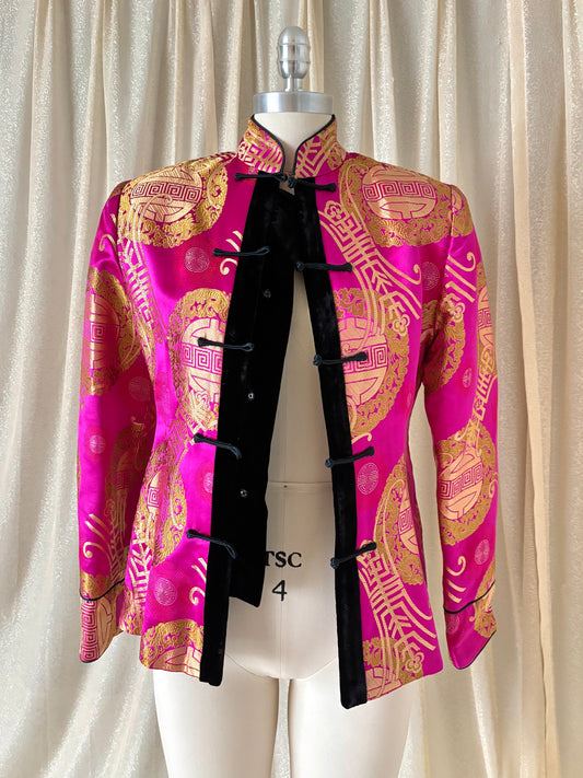 90s hot pink Chinese brocade fleece jacket