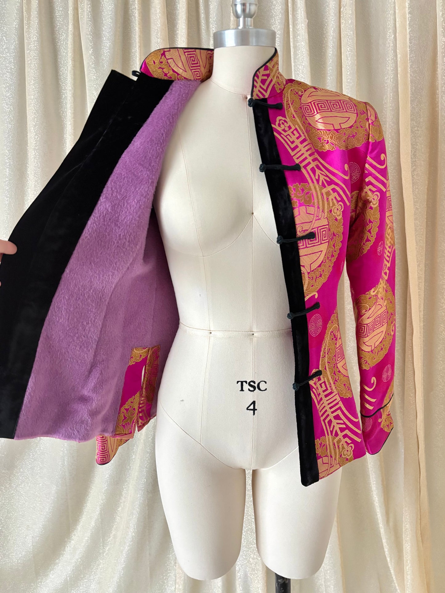 90s hot pink Chinese brocade fleece jacket