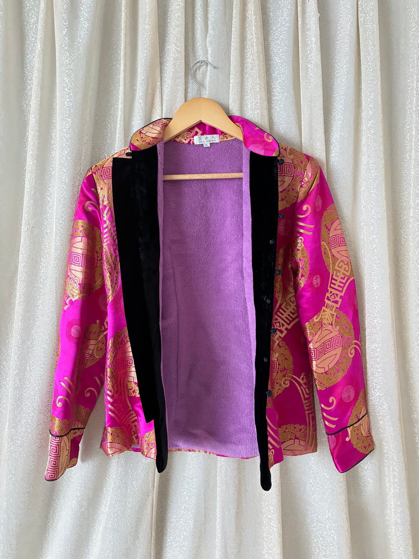 90s hot pink Chinese brocade fleece jacket