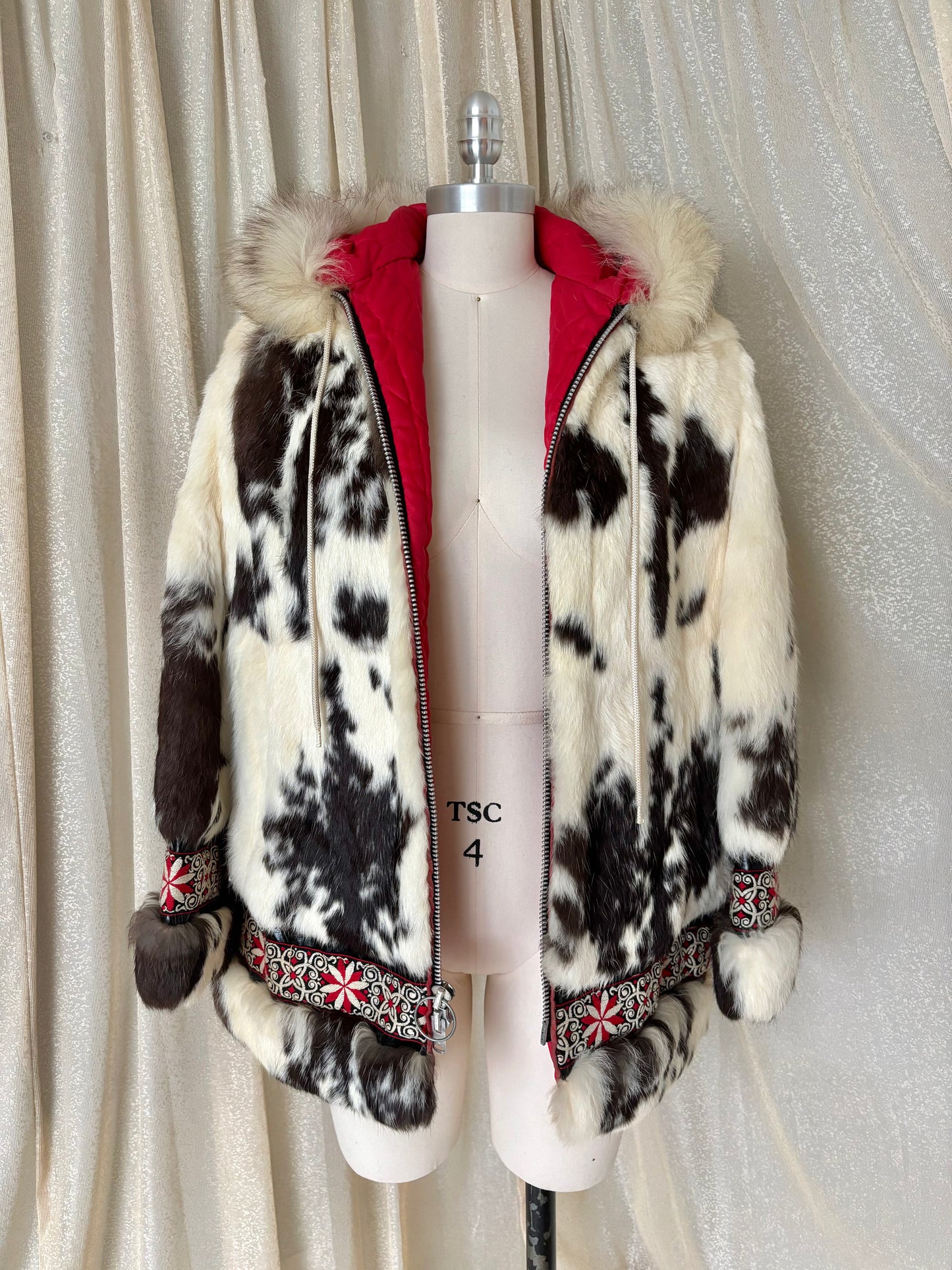 50s/60s spotted rabbit and fox fur hooded parka