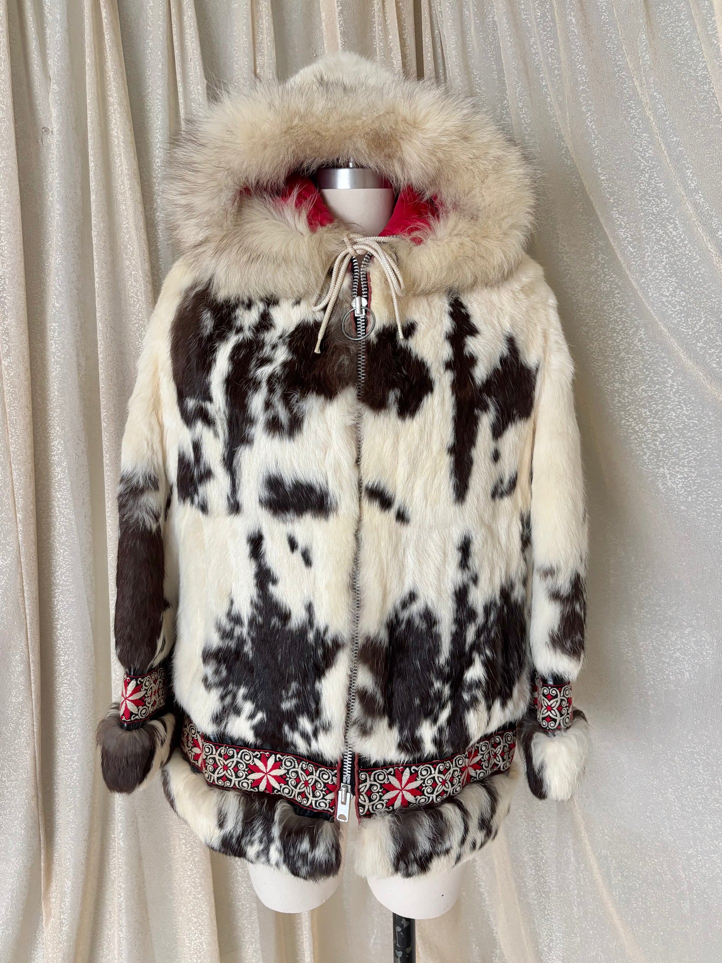 50s/60s spotted rabbit and fox fur hooded parka