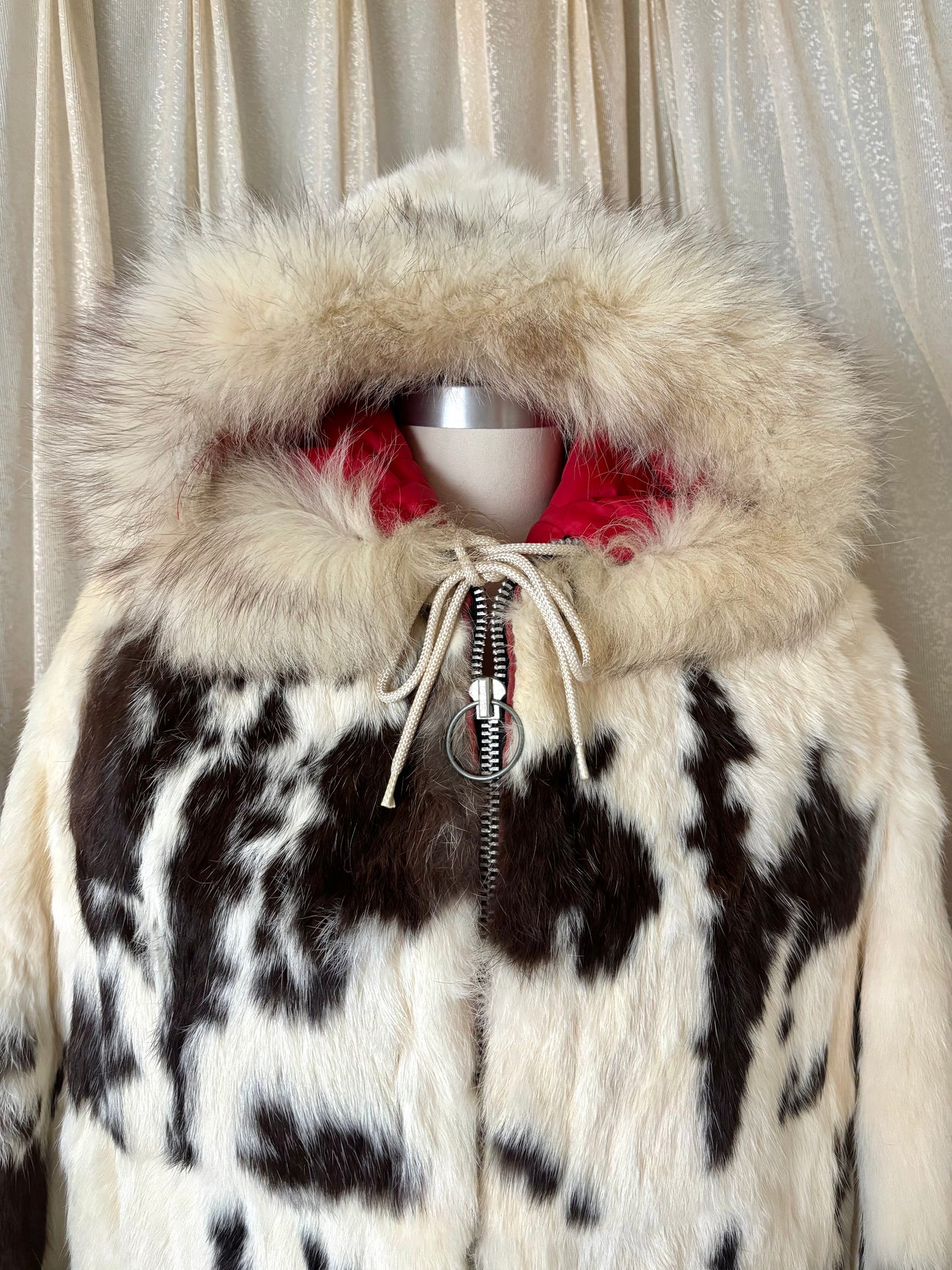 50s/60s spotted rabbit and fox fur hooded parka
