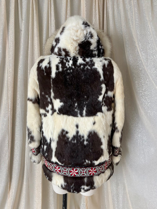 50s/60s spotted rabbit and fox fur hooded parka