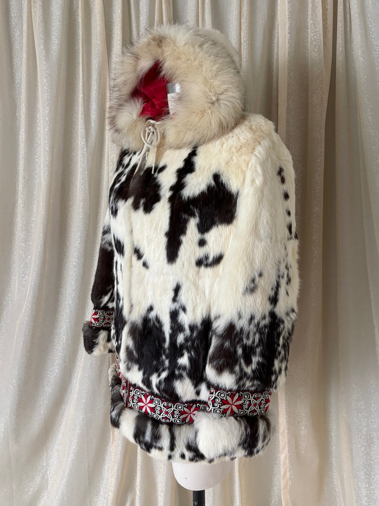 50s/60s spotted rabbit and fox fur hooded parka