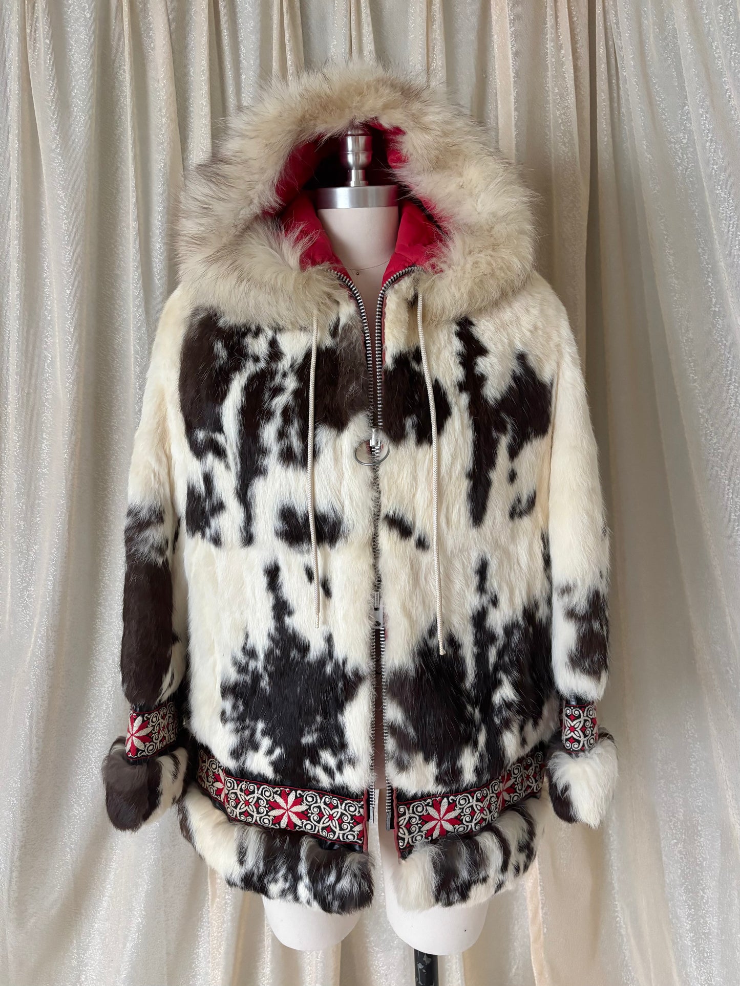 50s/60s spotted rabbit and fox fur hooded parka