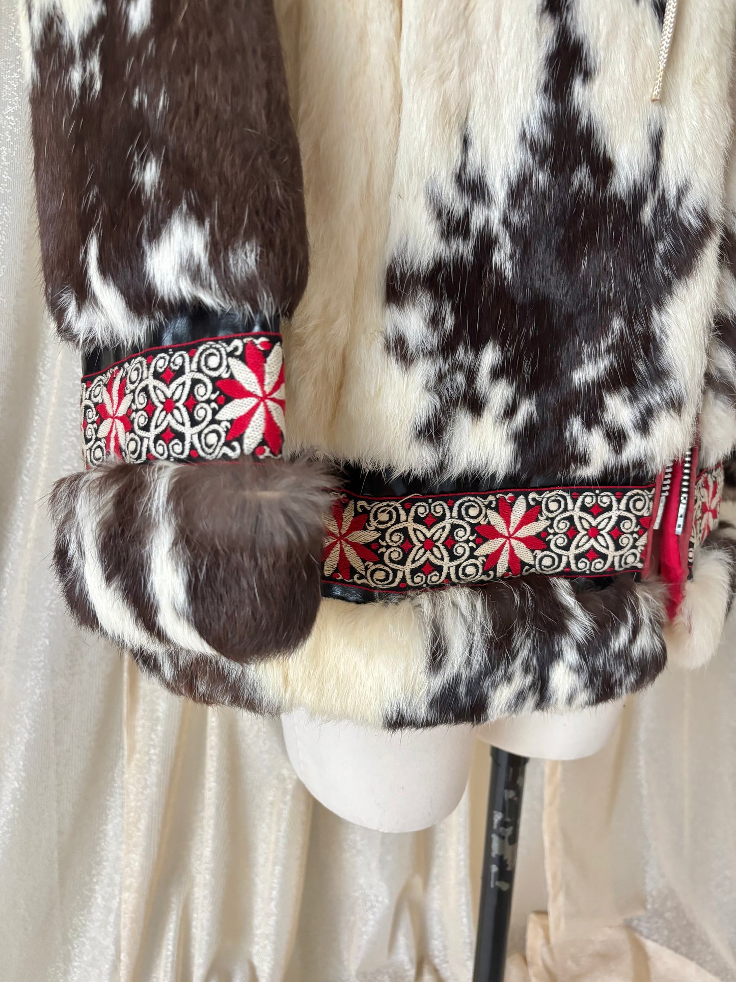 50s/60s spotted rabbit and fox fur hooded parka
