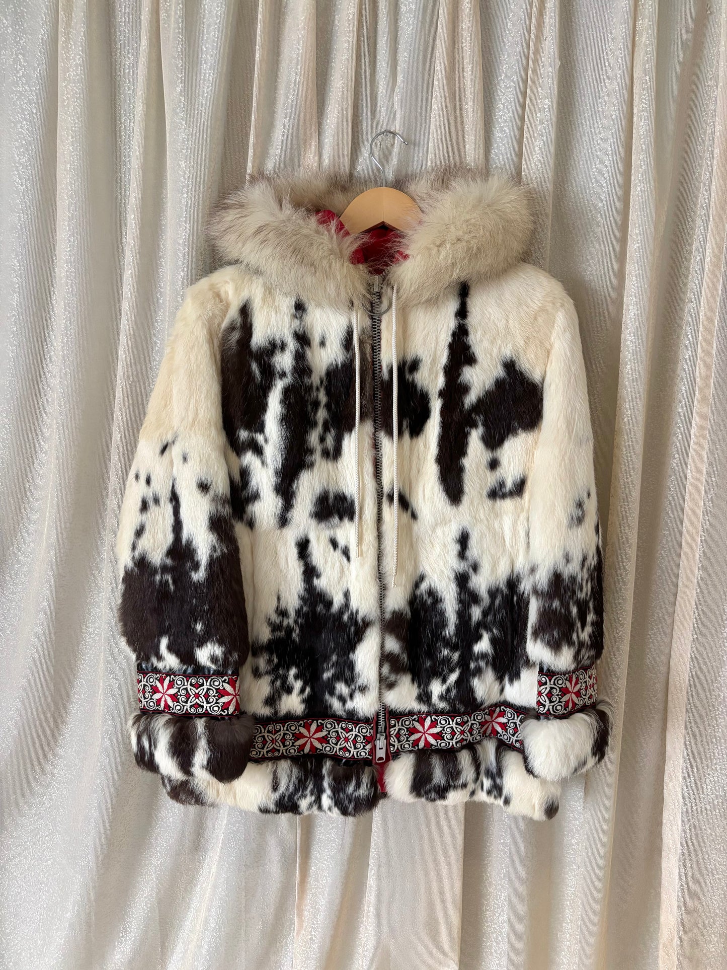 50s/60s spotted rabbit and fox fur hooded parka