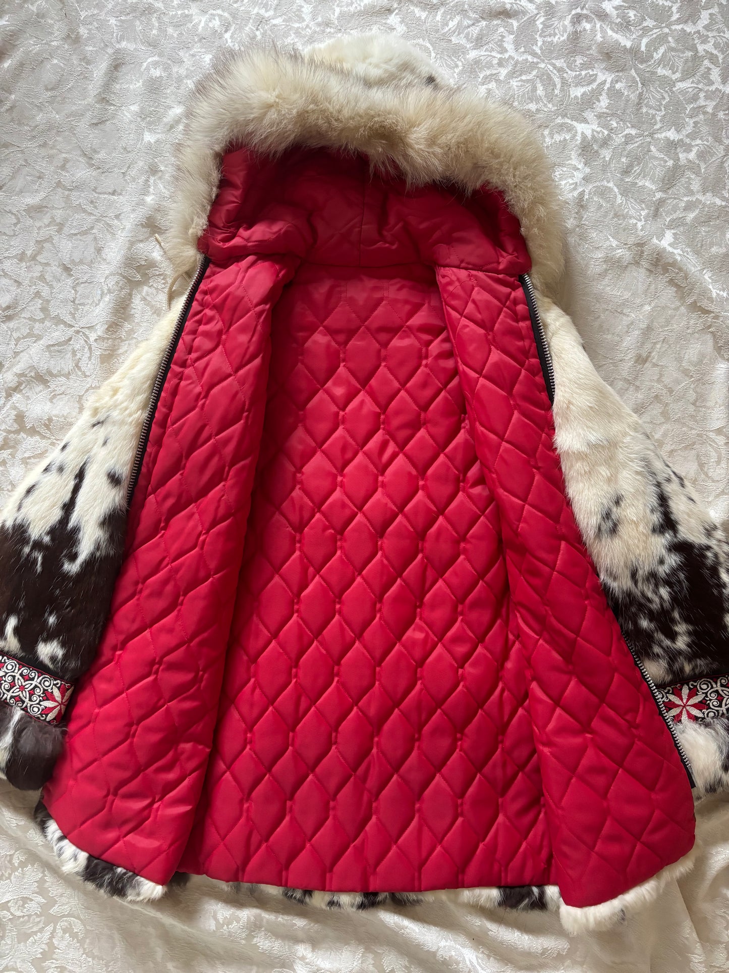 50s/60s spotted rabbit and fox fur hooded parka