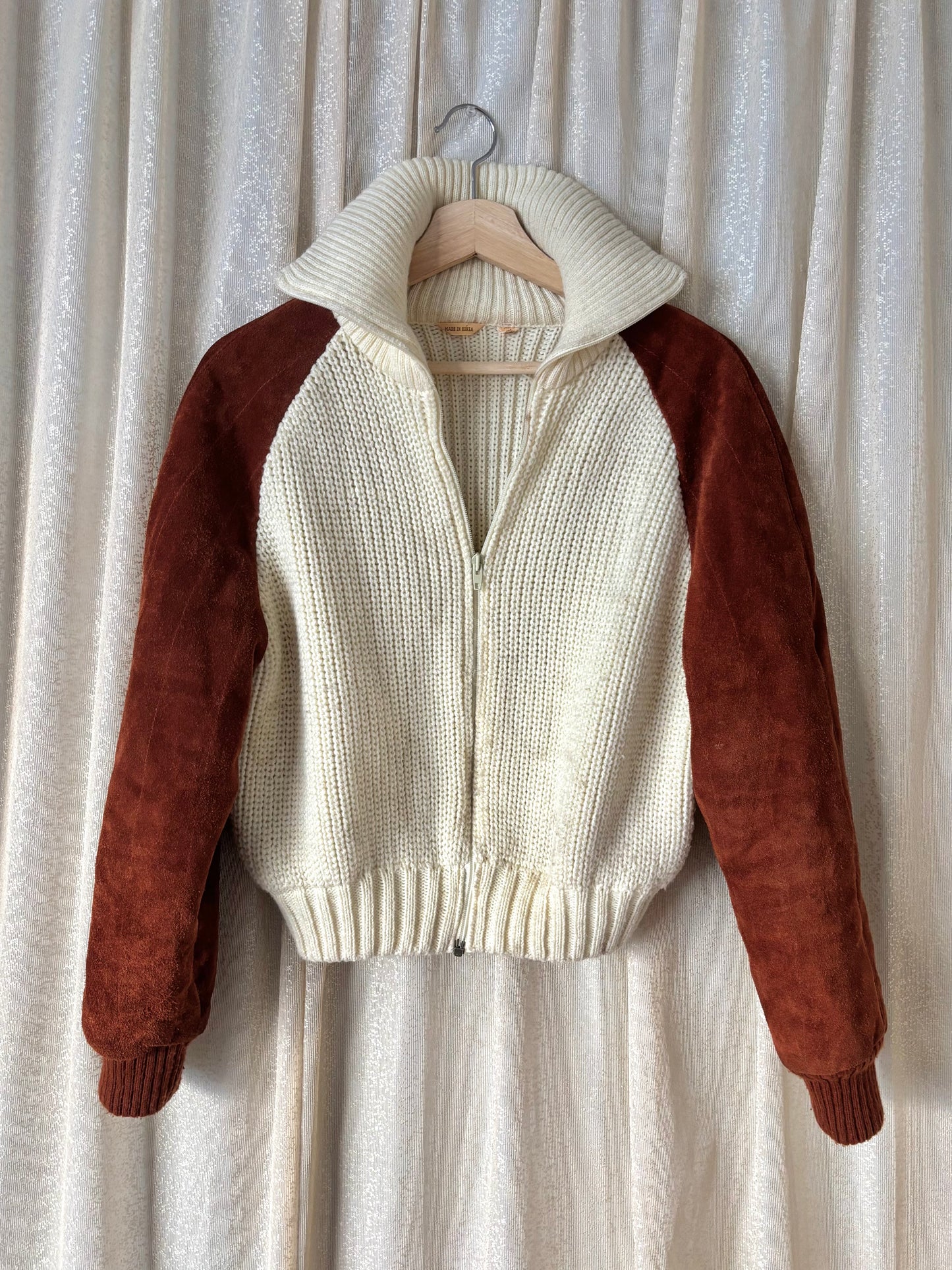 Knit suede-sleeve bomber jacket