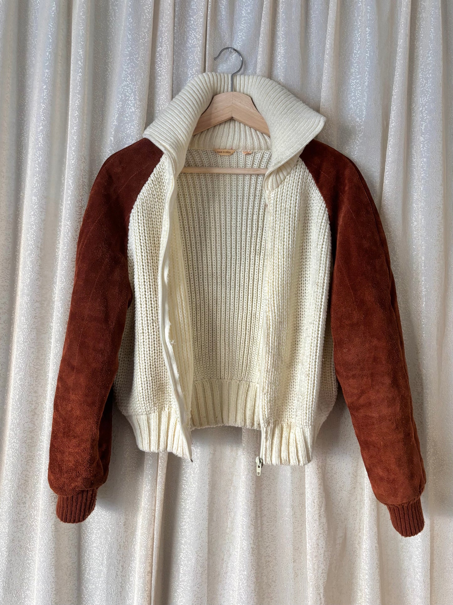 Knit suede-sleeve bomber jacket