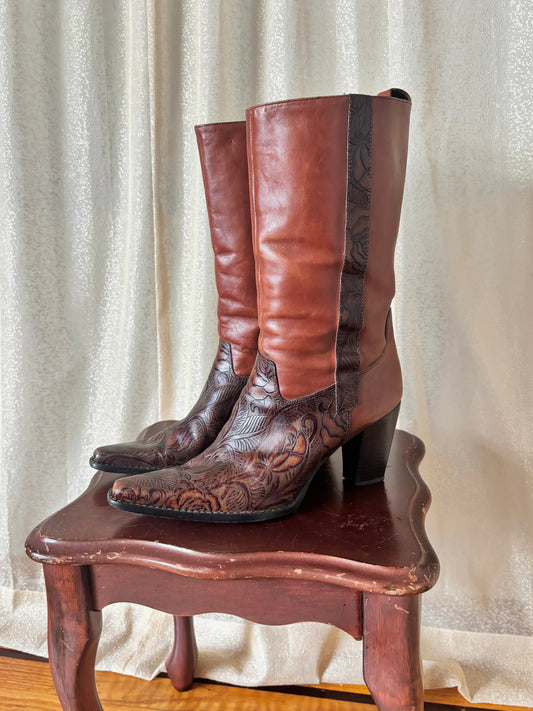 Tooled leather heeled boots