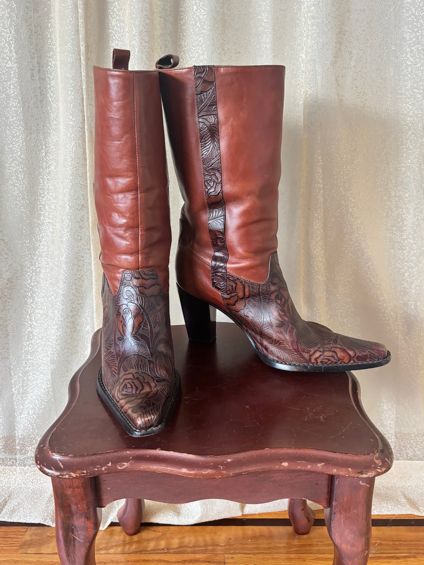 Tooled leather heeled boots