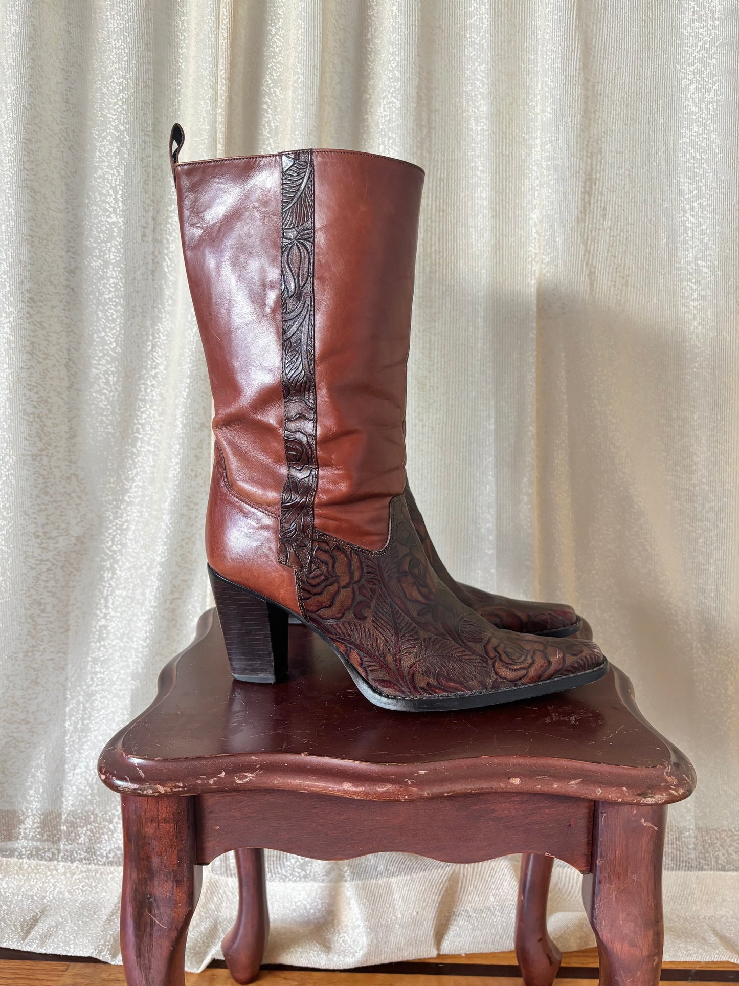 Tooled leather heeled boots
