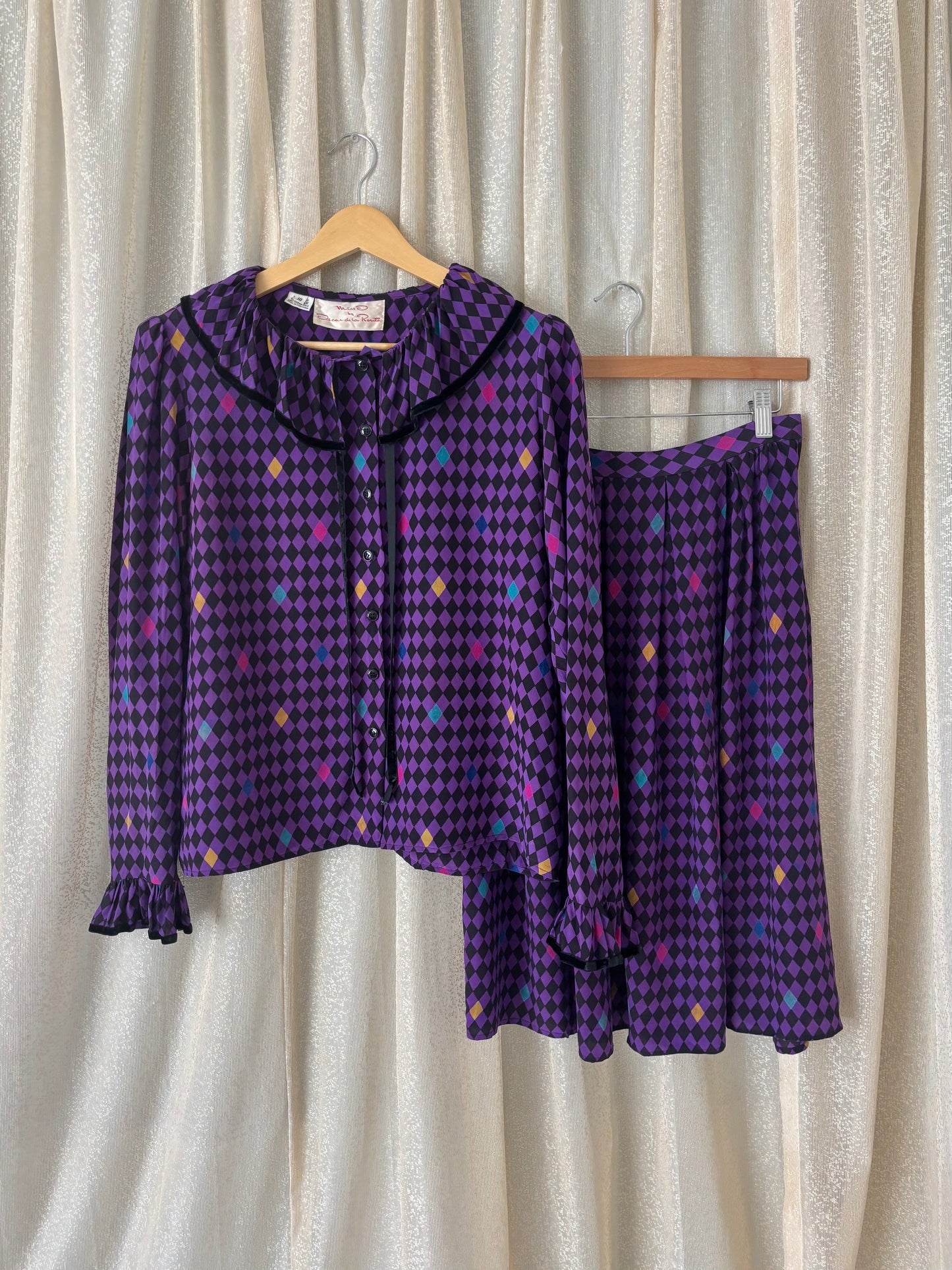 80s Miss O by Oscar de la Renta silk harlequin 2pc set