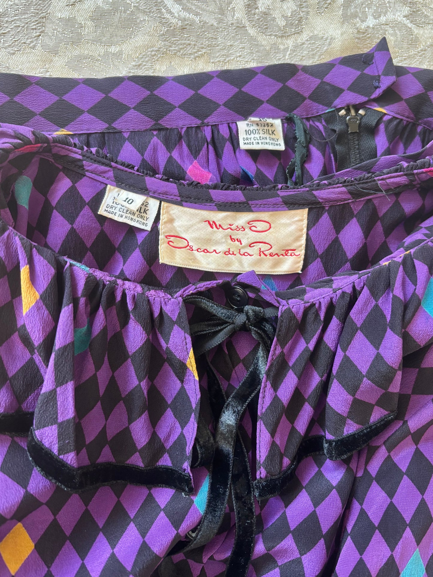 80s Miss O by Oscar de la Renta silk harlequin 2pc set