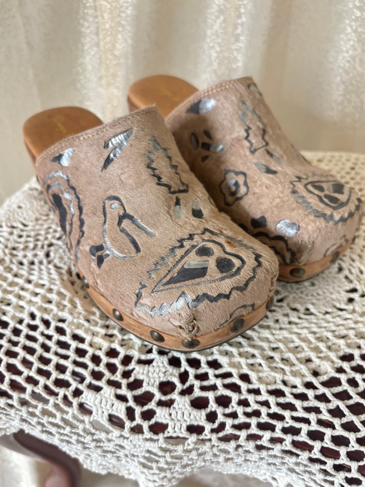 90s/00s studded calf hair clogs